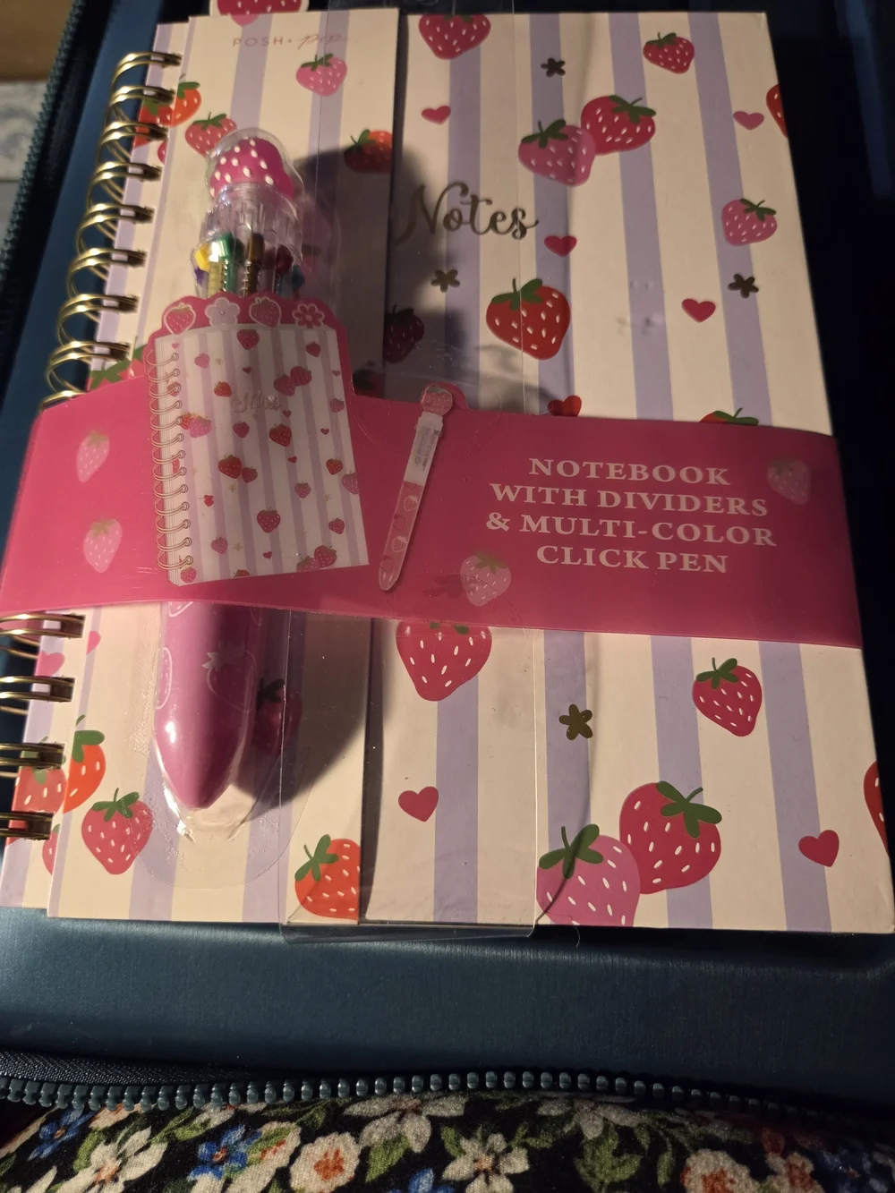 Pink Strawberry Pattern Spiral Notebook with Multi-Color Click Pen